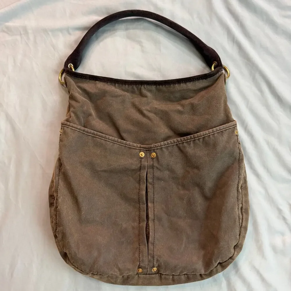 Zara Brown Canvas Leather Trim Hobo Shoulder Bag Women's Large